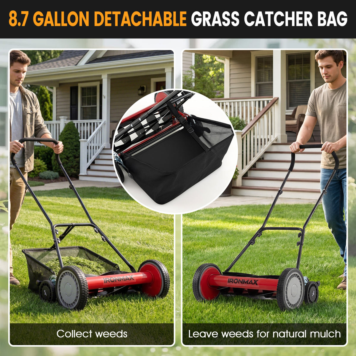 18 Inch Push Reel Lawn Mower 4-Position Adjustable with Removable Grass Catcher-Red