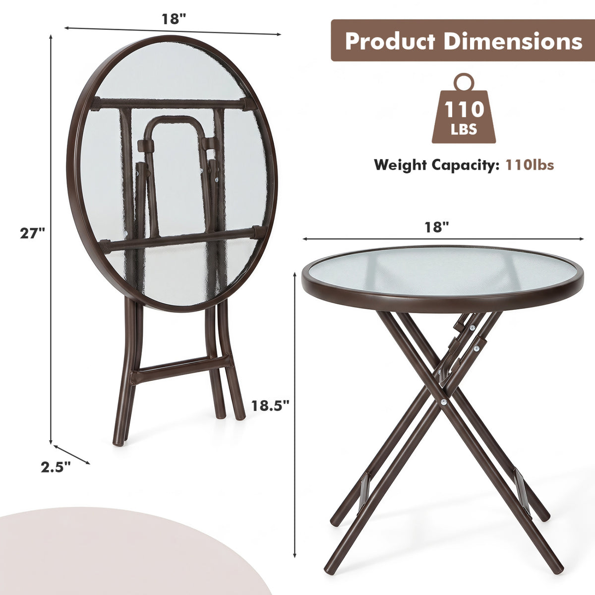 18 Inch Round Patio Side Table with Tempered Glass Top-Brown