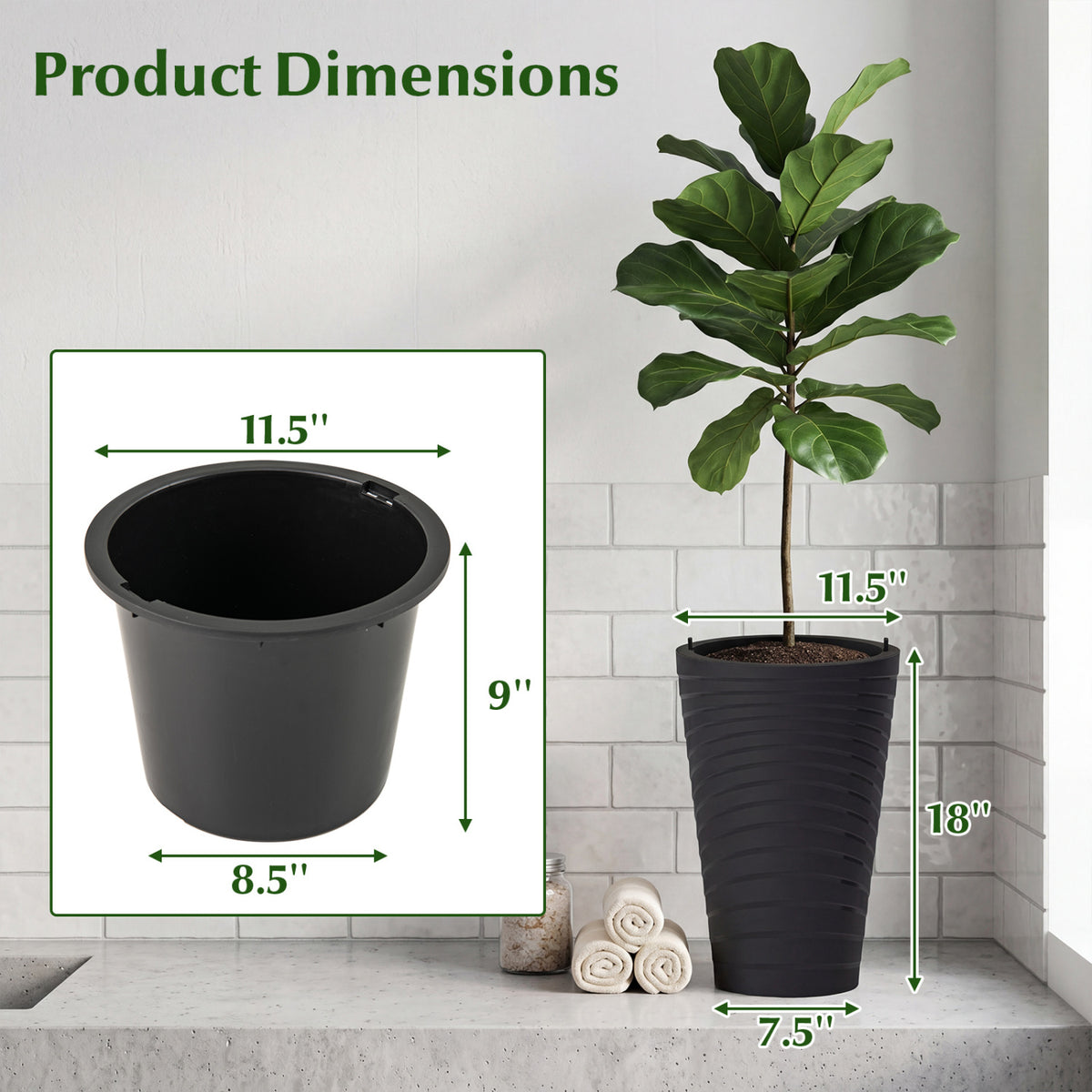 18 Inch Tall Flower Pot Set of 2 with Insert Bucket and Handle Design-Black