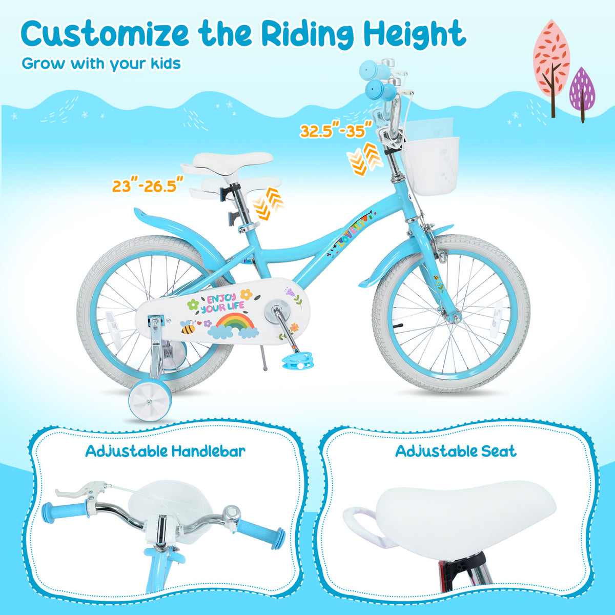 18 Inches Girls Bike for 4-8 Years Old with Basket - Spring Party Blue
