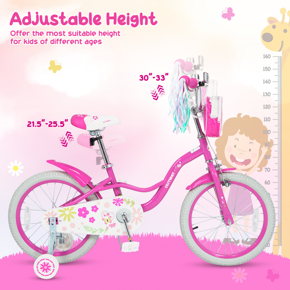 18 Inches Girls Bike with Front Bag and Streamers for 4-8 Years Pink