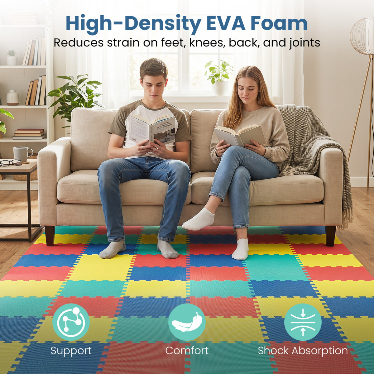 18 Pack Interlocking EVA Foam Floor Tiles with Boarders-Multicolor