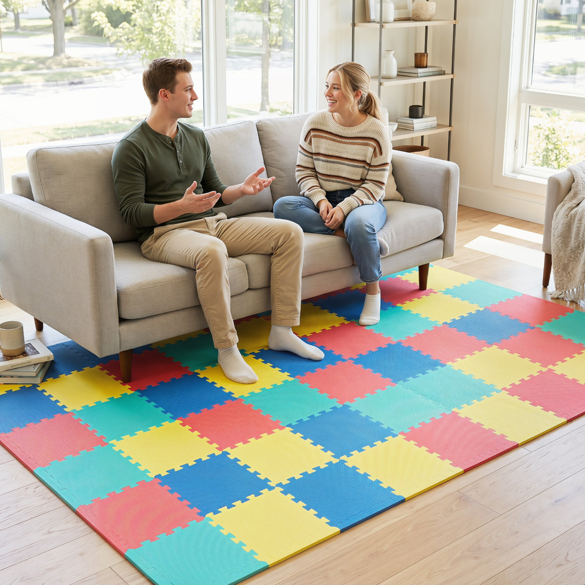 18 Pack Interlocking EVA Foam Floor Tiles with Boarders-Multicolor