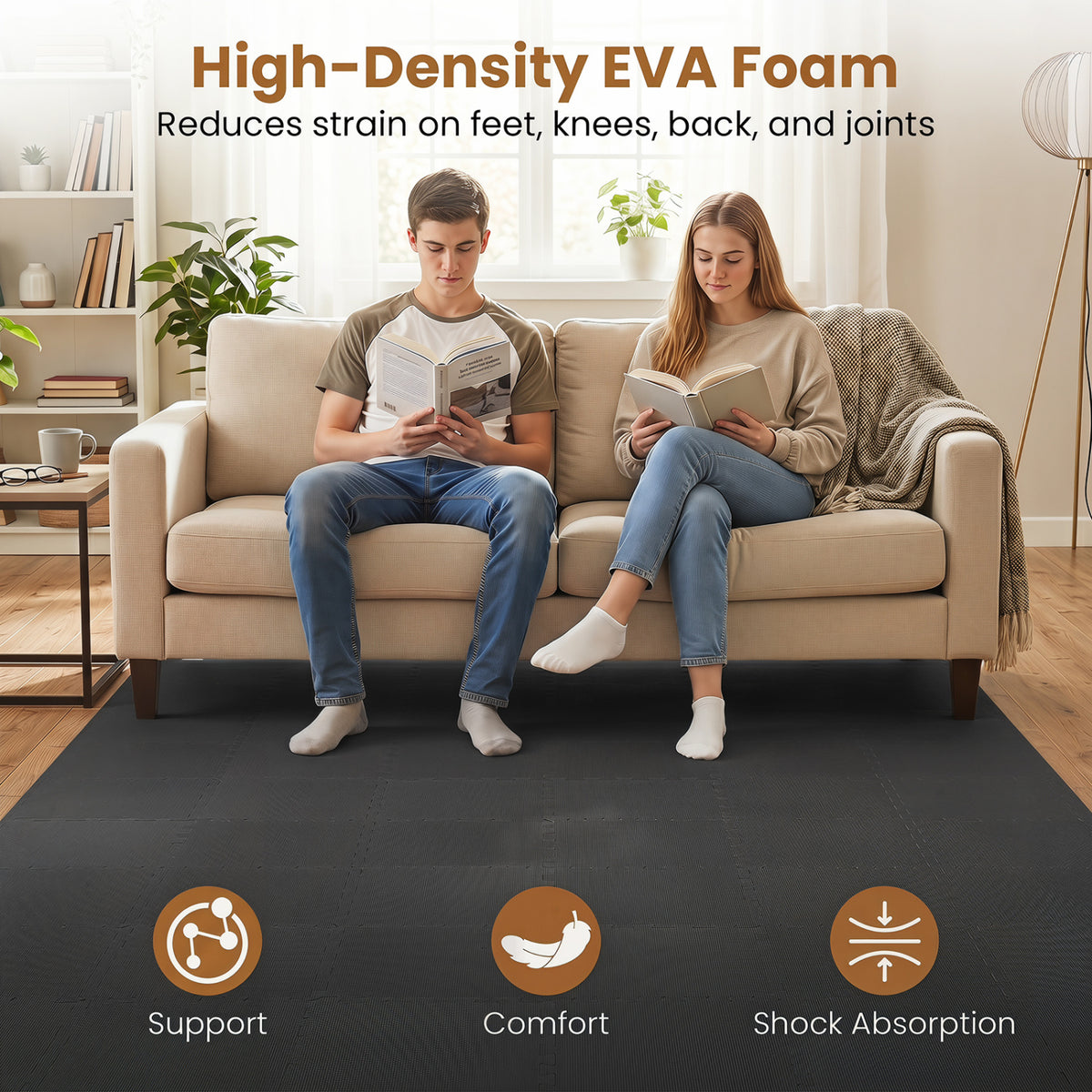 18 Pack Interlocking EVA Foam Floor Tiles with Boarders-Black
