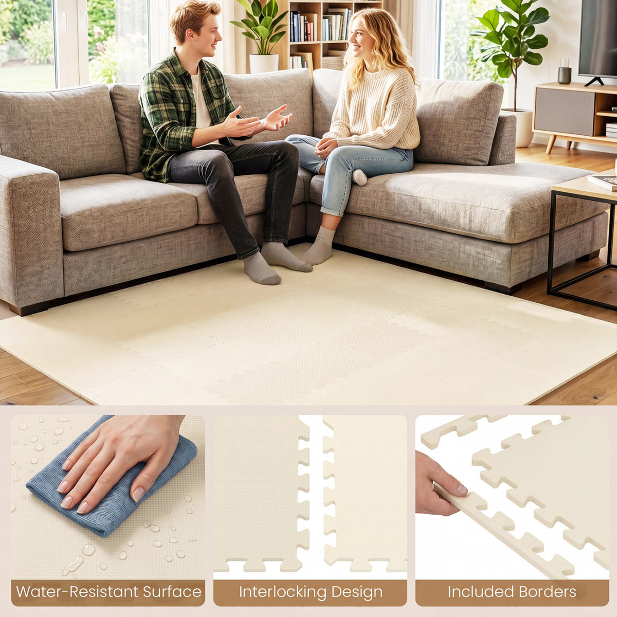 18 Pack Interlocking EVA Foam Floor Tiles with Boarders-Beige