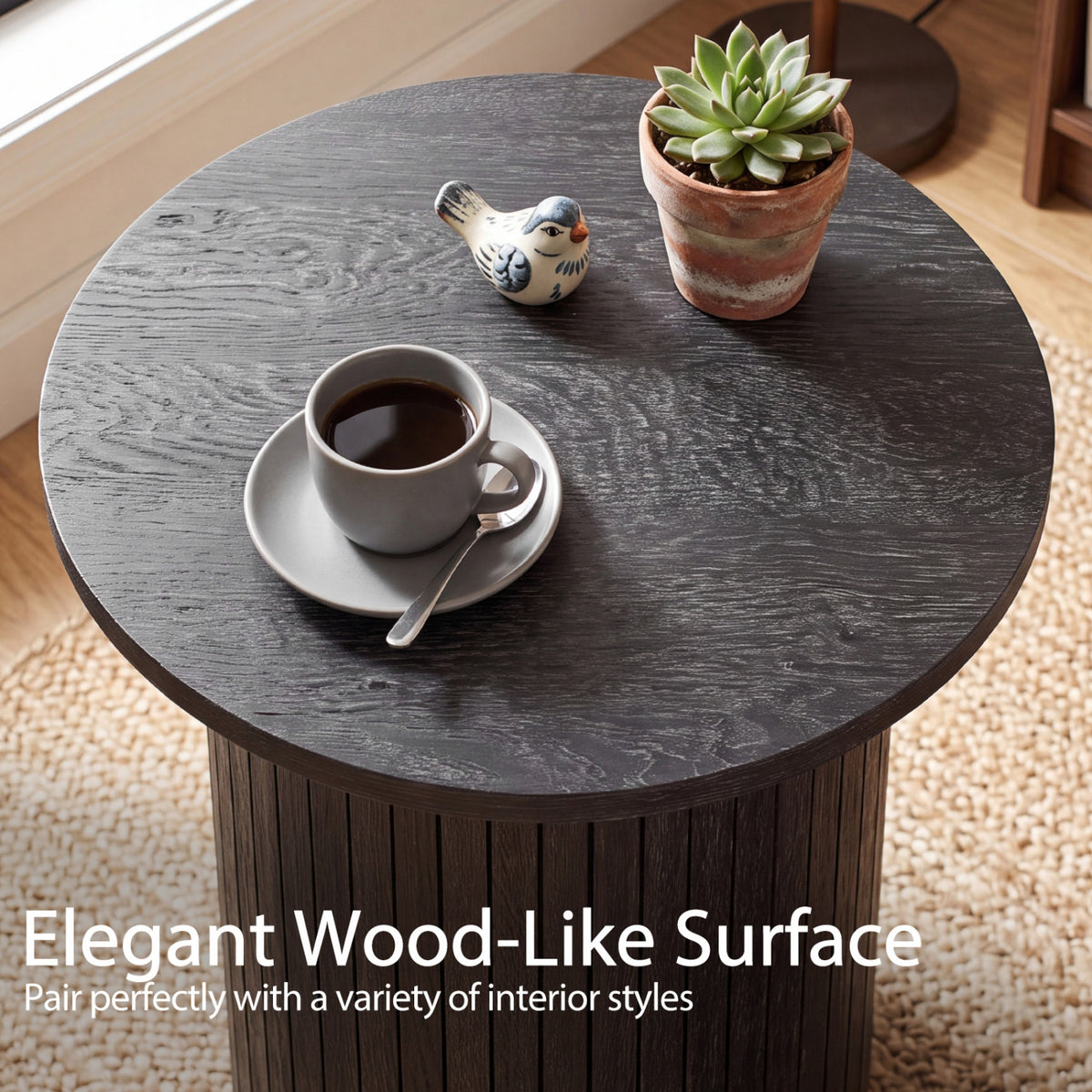 18" Round Fluted Side Table with Pedestal Drum Design and Non-Slip Foot Pads for Small Spaces-Black