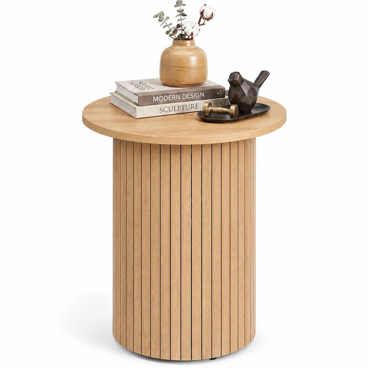 18" Round Fluted Side Table with Pedestal Drum Design and Non-Slip Foot Pads for Small Spaces-Natrual