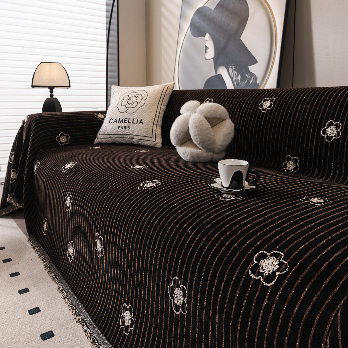 Chenille Camellia Floral Sofa Throw Cover Couch Blanket with Striped Jacquard