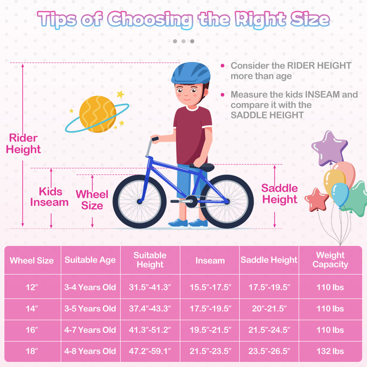 18-Inch Kids Bike Adjustable with Basket and Streamers Rose Red - Princess of the Sea Theme