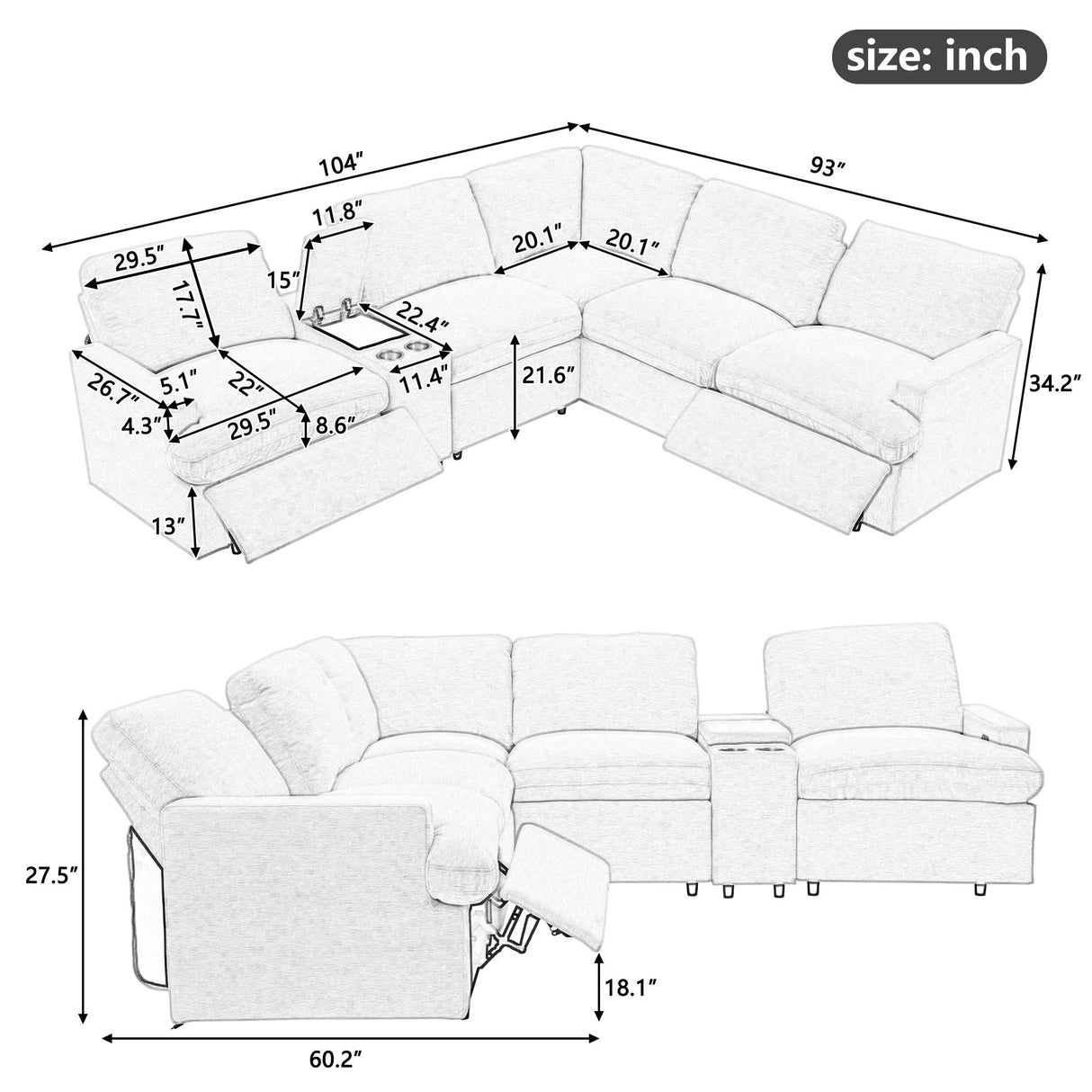 Power Recliner Corner Sofa Home Theater Reclining Sofa Sectional Couches With Storage Box, Cup Holders, USB Ports And Power Socket For Living Room by Couch.com