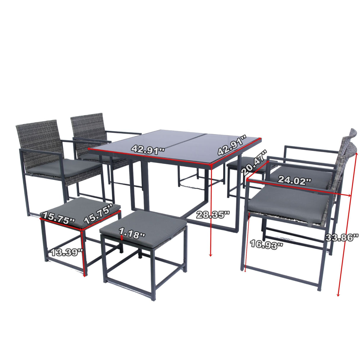 9 Pieces Patio Dining Sets Outdoor Space Saving Rattan Chairs With Glass Table Top Wicker And Cushion - Dark Gray by Couch.com