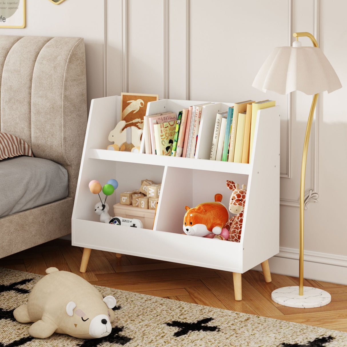 Kids Bookshelf And Toy Organizer, 5 Cubbies Wooden Open Bookcase, 2-Tier Baby Storage Display Organizer With Legs, Free Standing For Playing Room, Bedroom, Nursery, Classroom - White by Couch.com