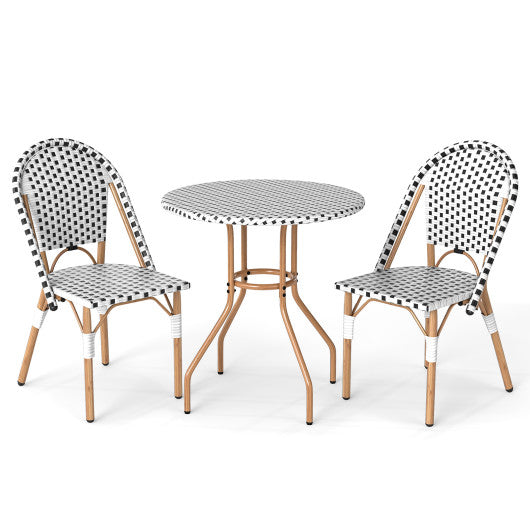 3 Piece French Bistro Table Chair Set with Outdoor Wicker Round Table and 2 Dining Chairs