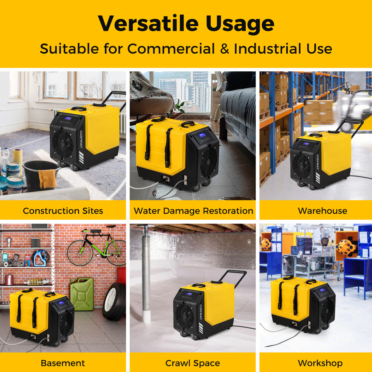 190 PPD Commercial Dehumidifier with Pump and 2 Wheels-Yellow