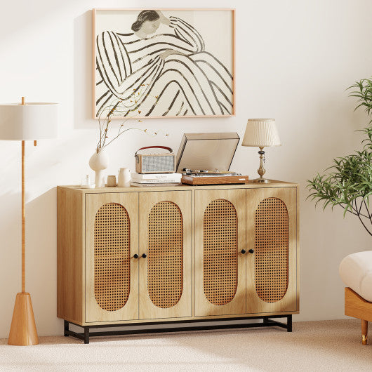 50 Inch Buffet Sideboard Cabinet with 4 Rattan Doors and Adjustable Shelves-Natural