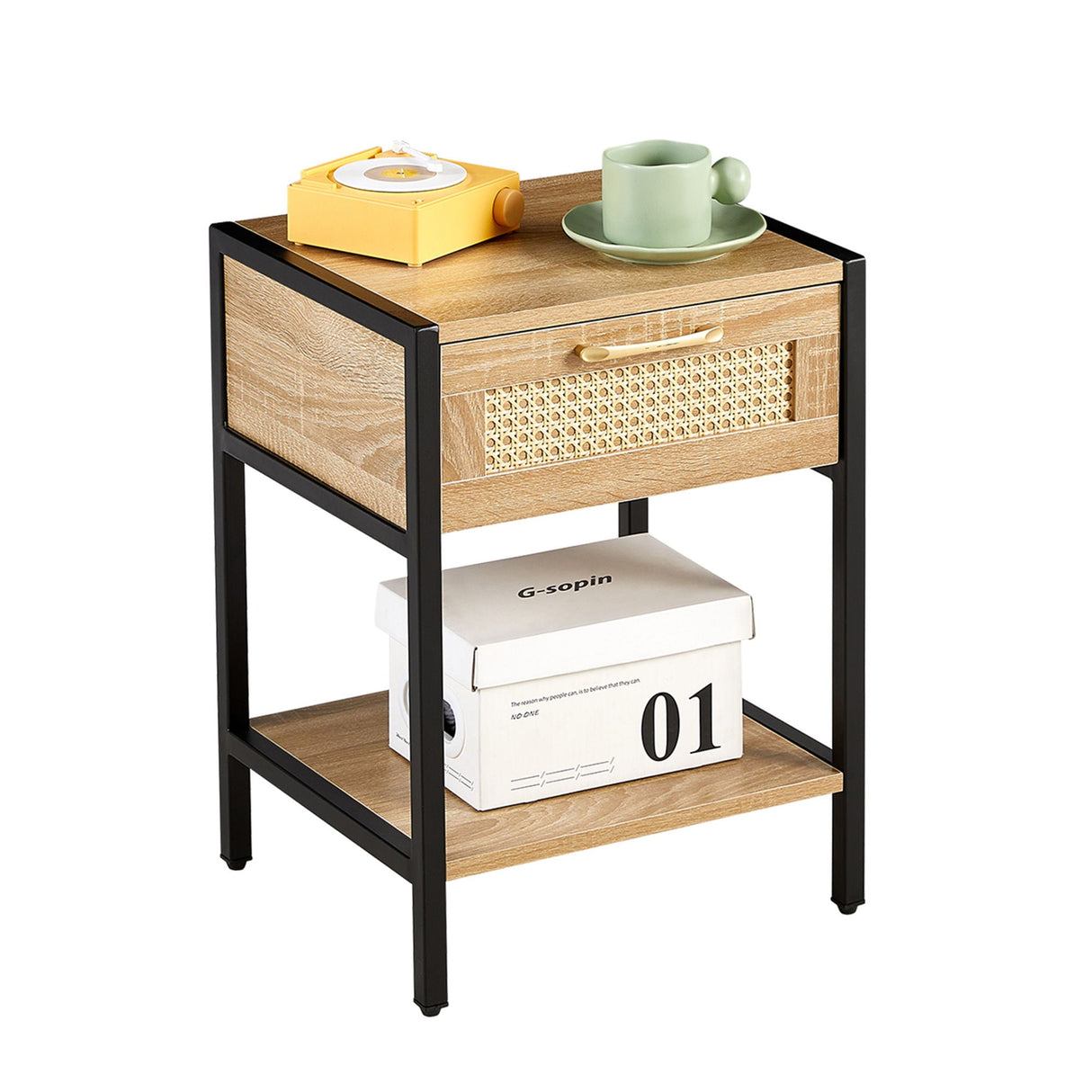 15.74" Rattan End Table With Drawer, Modern Nightstand, Metal Legs, Side Table For Living Room, Bedroom by Couch.com