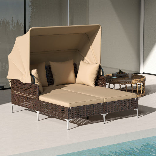 Outdoor Daybed with Retractable Canopy PE Wicker Rattan Patio Lounger-Brown