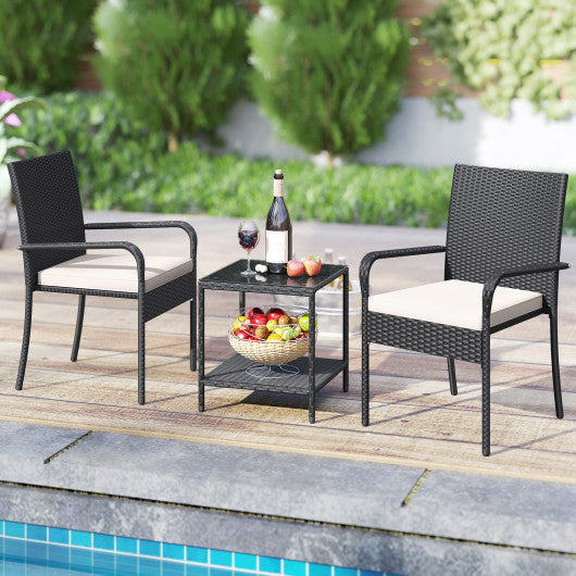 3 Piece Patio Furniture Set with Seat Cushions and Tempered Glass -White