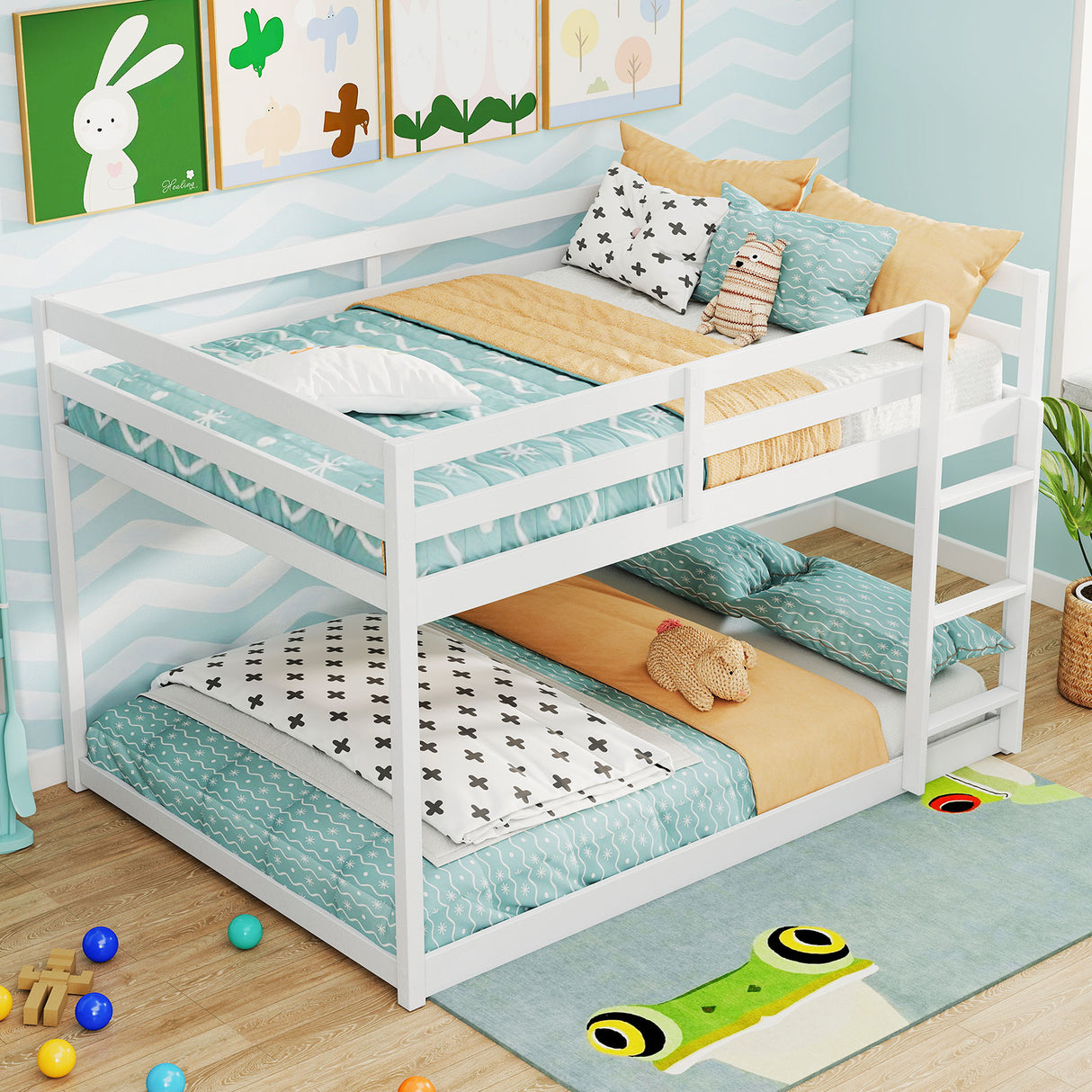 Full Over Full Bunk Bed Low-to-ground Bunk Bed-White
