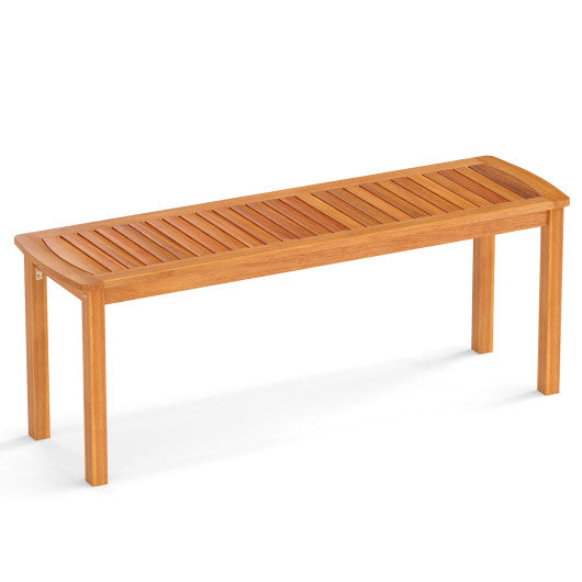 Acacia wood outdoor bench with slatted seat for garden