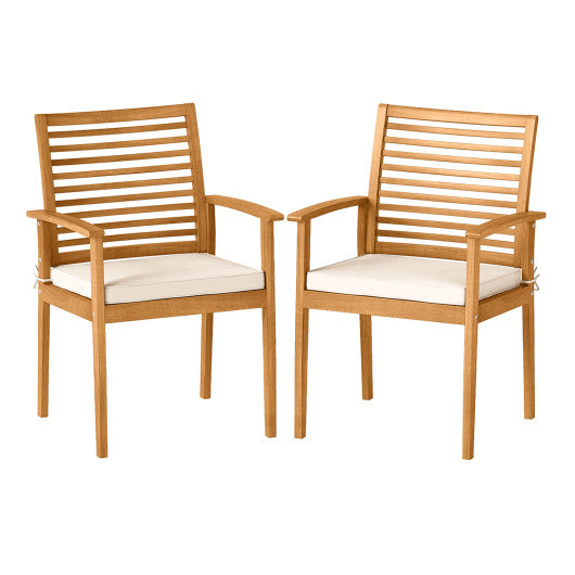 Outdoor Patio Dining Chairs Set of 2 with Removable Padded Cushion and Slatted Backrest-Beige