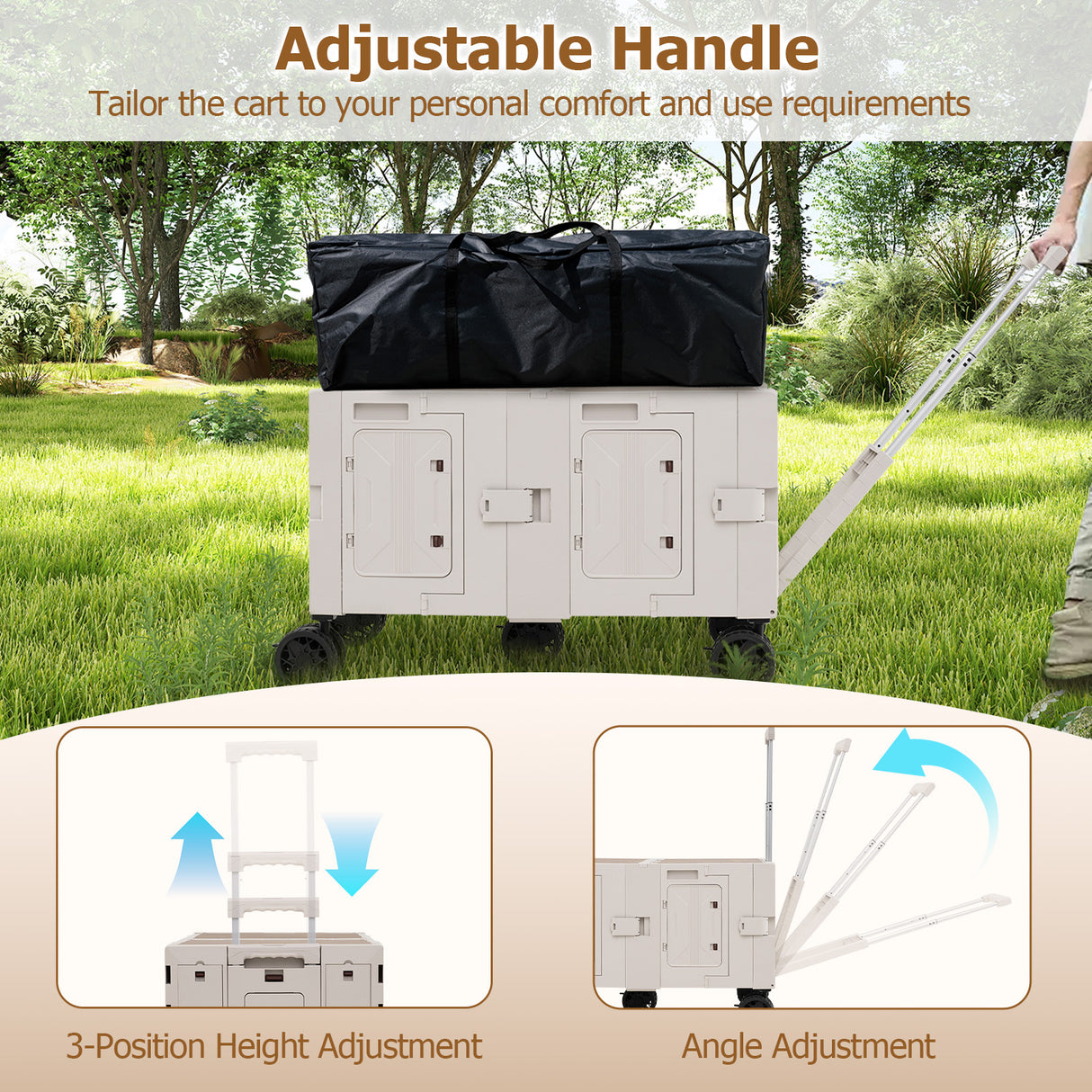 Large Foldable Utility Cart with 2-Tier Storage Crates and Telescoping Handle-White
