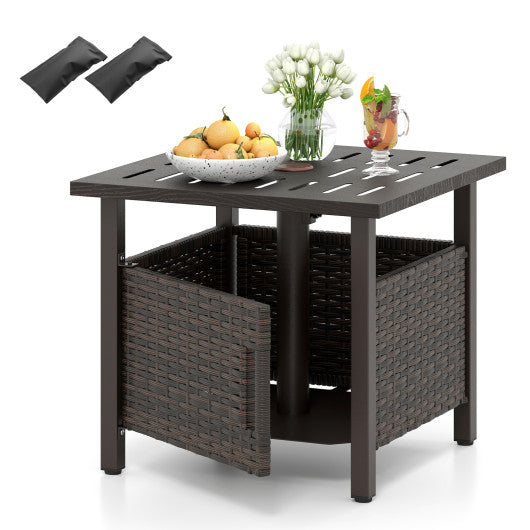 Outdoor Side Table with 1.93" Umbrella Hole All-Weather PE Wicker Patio Umbrella Table-Brown