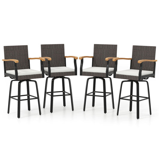 Set of 4 Outdoor 360° Swivel Bar Stool with Cushion and Acacia Wood Armrests