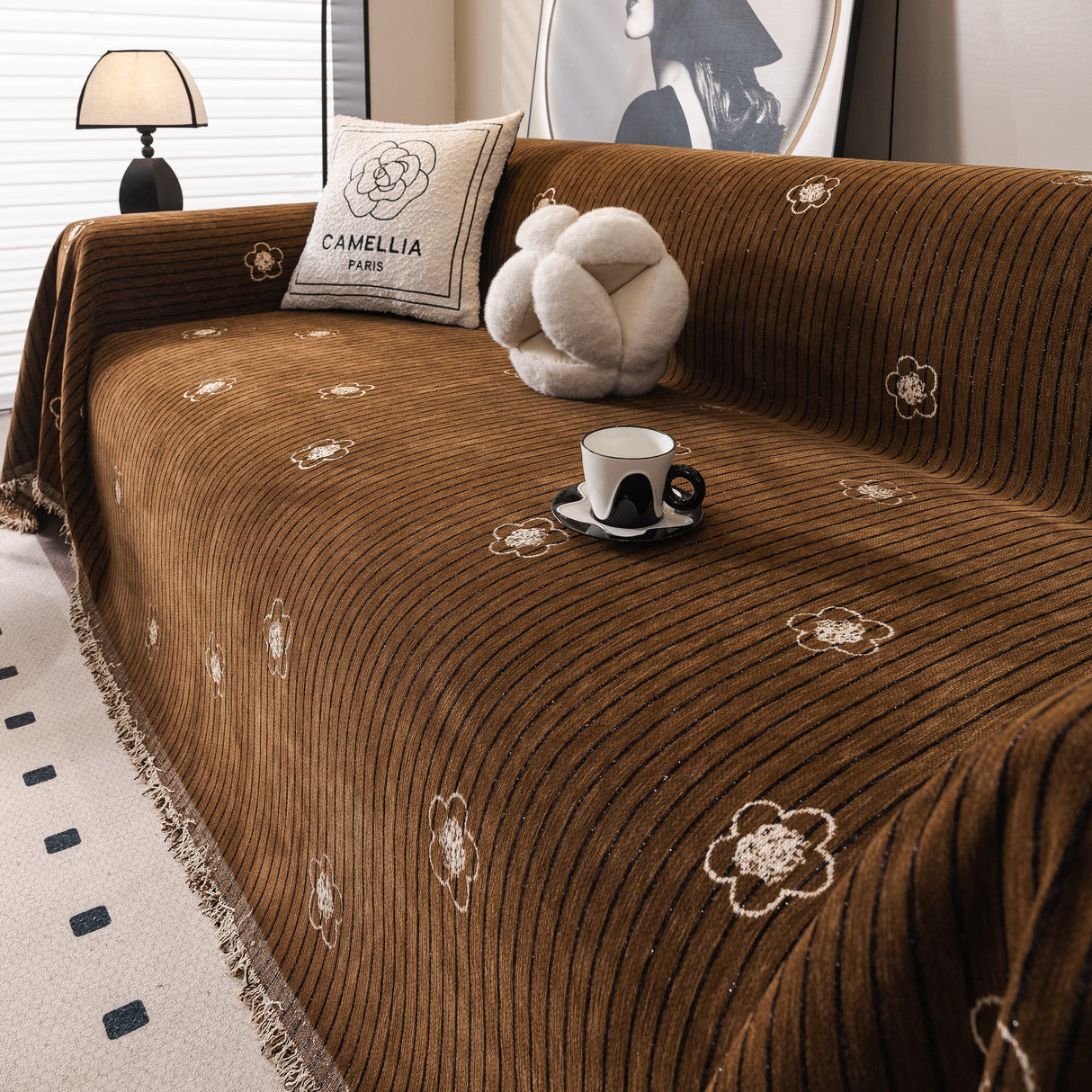Chenille Camellia Floral Sofa Throw Cover Couch Blanket with Striped Jacquard