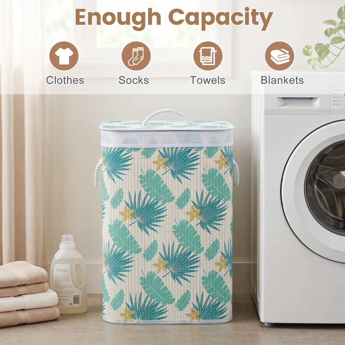 19 Gal Bamboo Clothes Hamper with Removable Liner and Portable Handles-Green