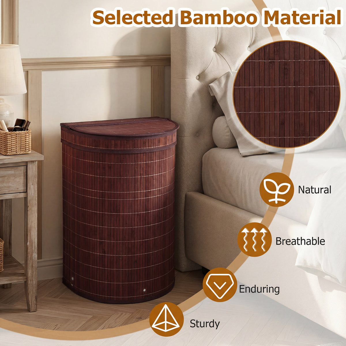 19 Gal Capacity Bamboo Laundry Hamper with Zippered Lid-Brown