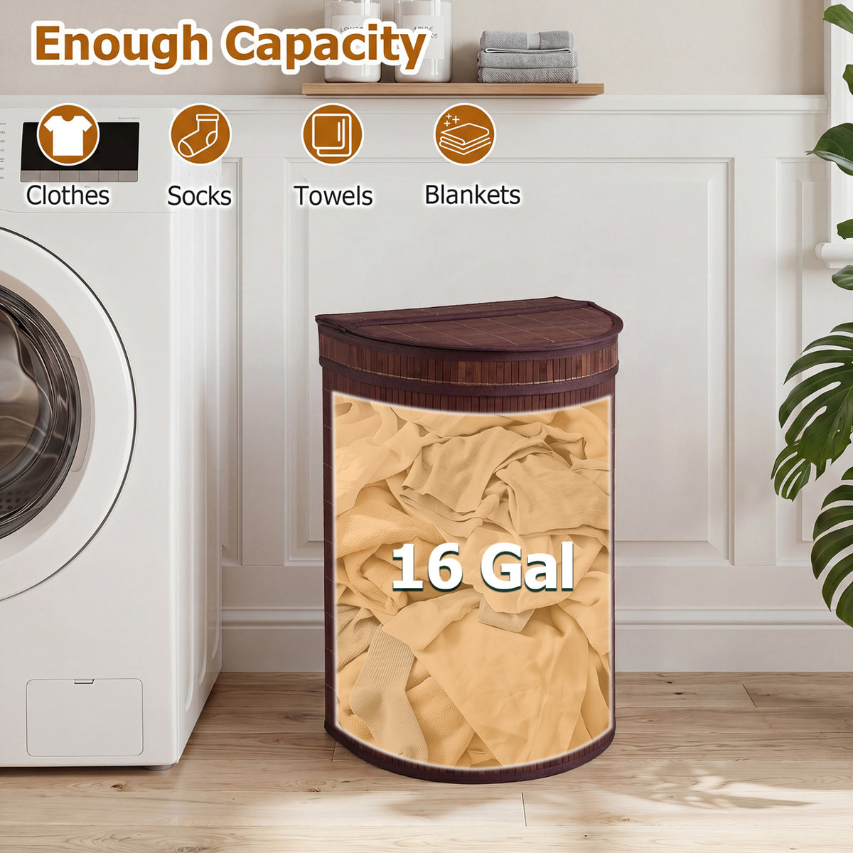 19 Gal Capacity Bamboo Laundry Hamper with Zippered Lid-Brown