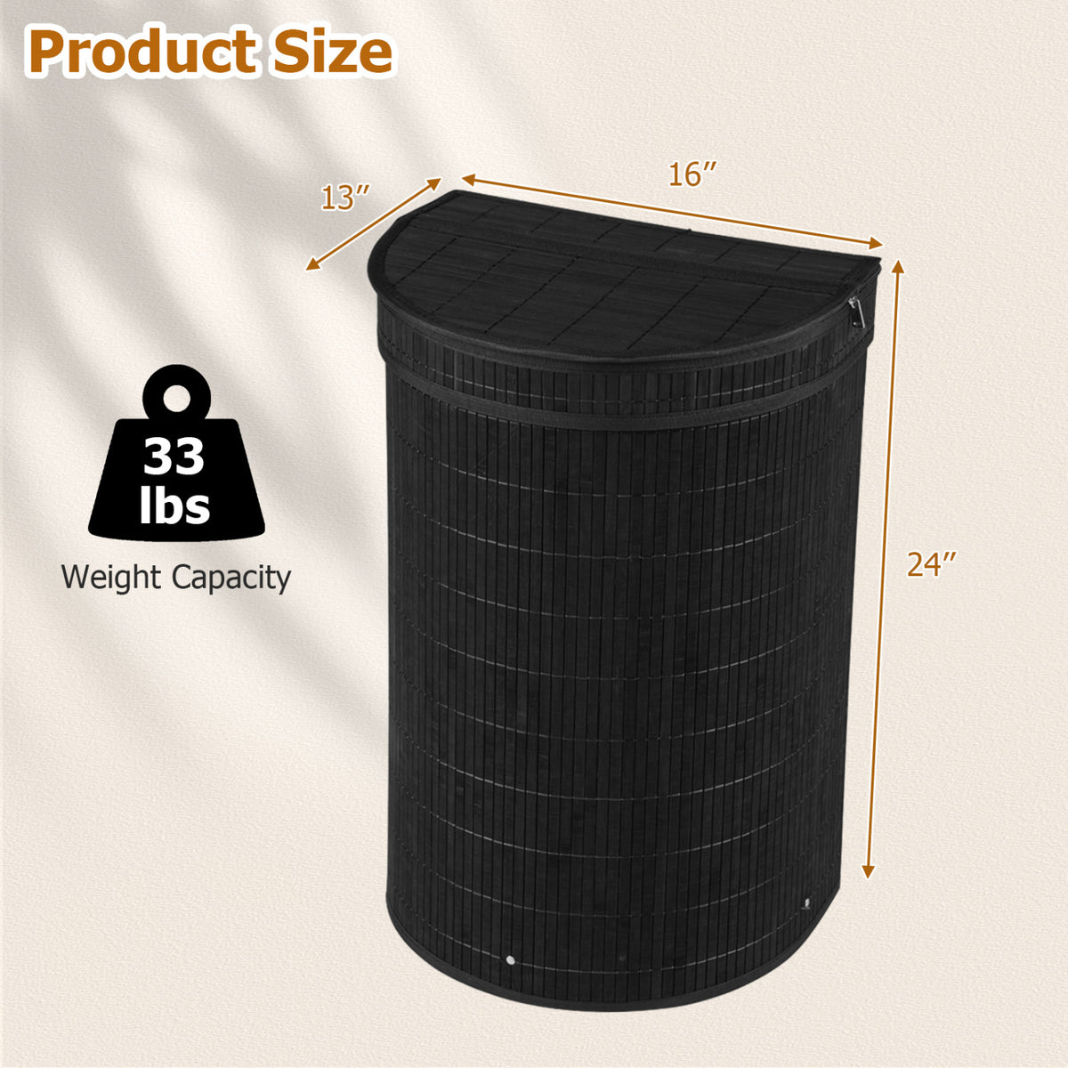 19 Gal Capacity Bamboo Laundry Hamper with Zippered Lid-Black