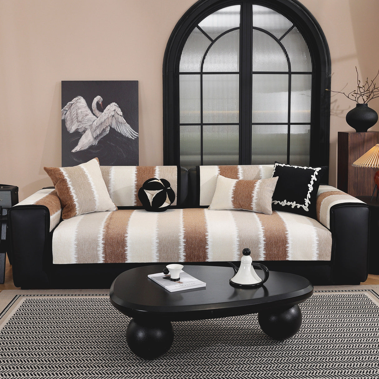 Striped Colorblock Non-Slip Sectional Couch Covers, Chenille Sofa Protector Cover