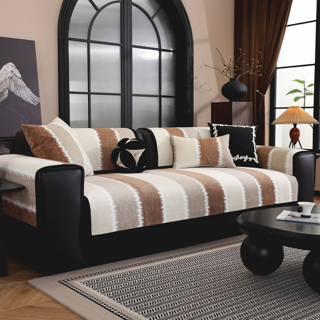 Striped Colorblock Non-Slip Sectional Couch Covers, Chenille Sofa Protector Cover