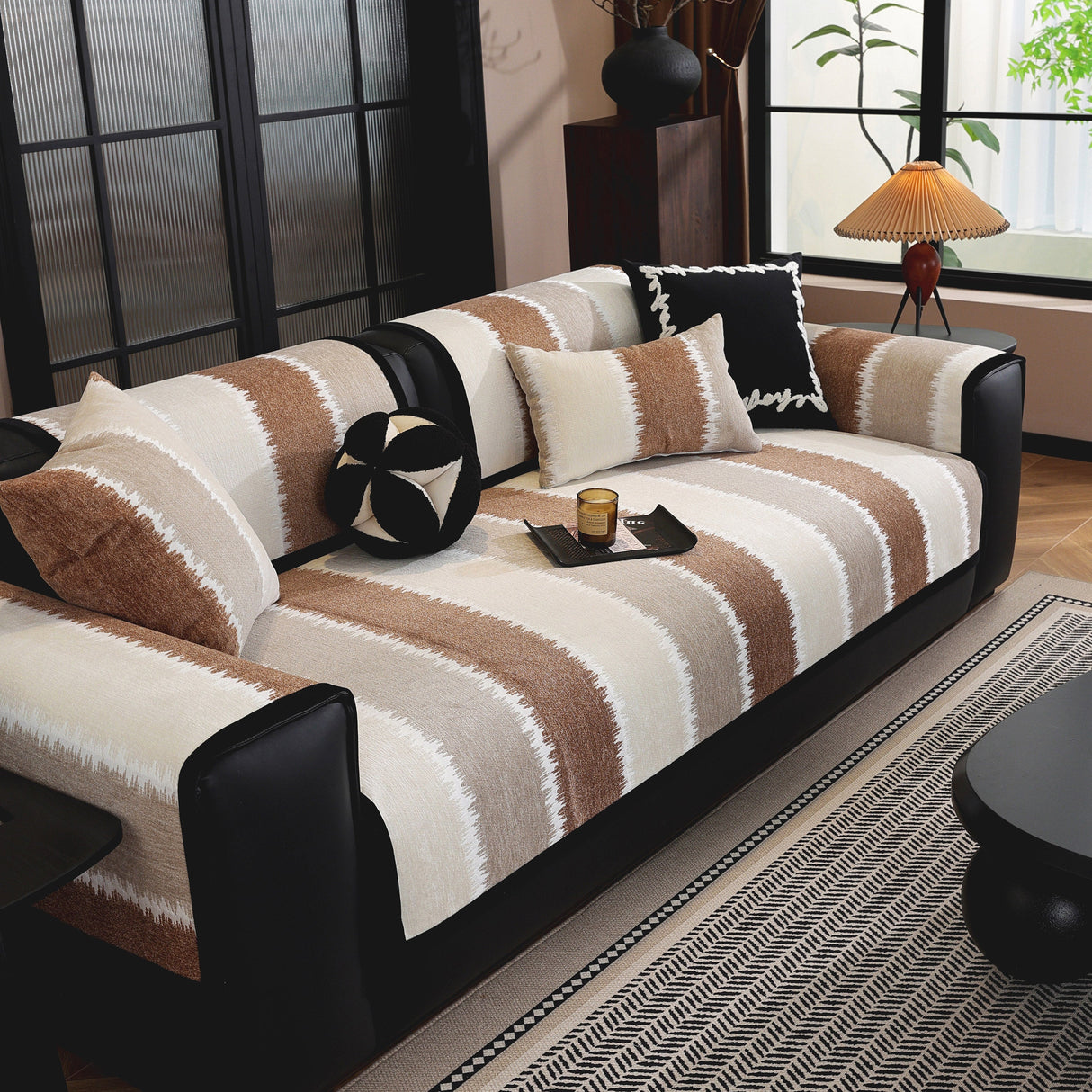 Striped Colorblock Non-Slip Sectional Couch Covers, Chenille Sofa Protector Cover