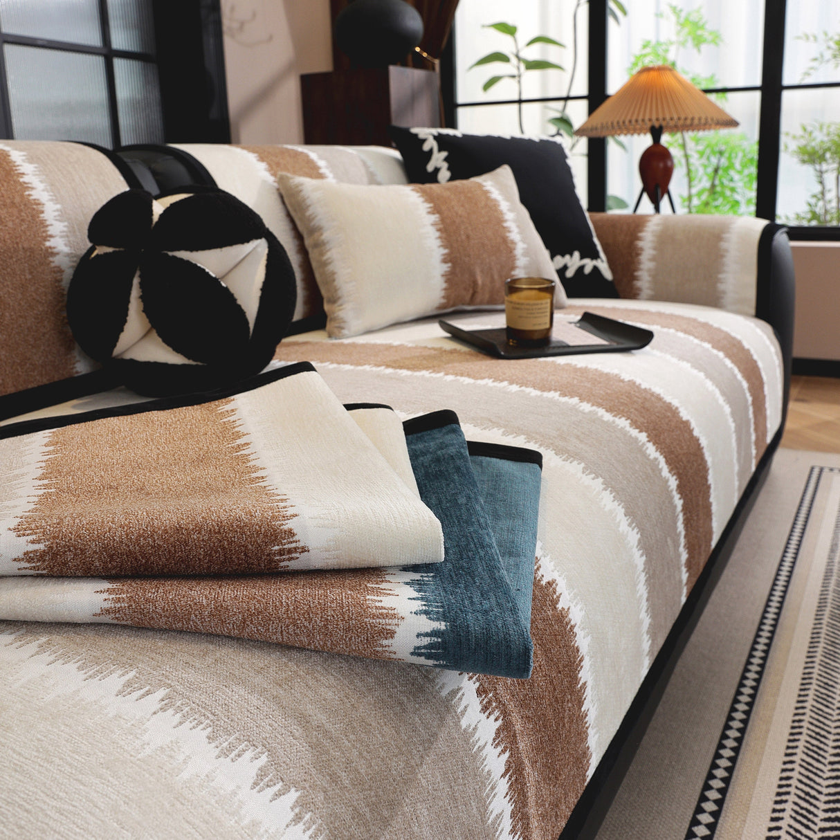 Striped Colorblock Non-Slip Sectional Couch Covers, Chenille Sofa Protector Cover