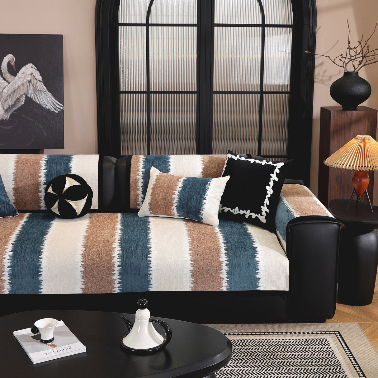 Striped Colorblock Non-Slip Sectional Couch Covers, Chenille Sofa Protector Cover