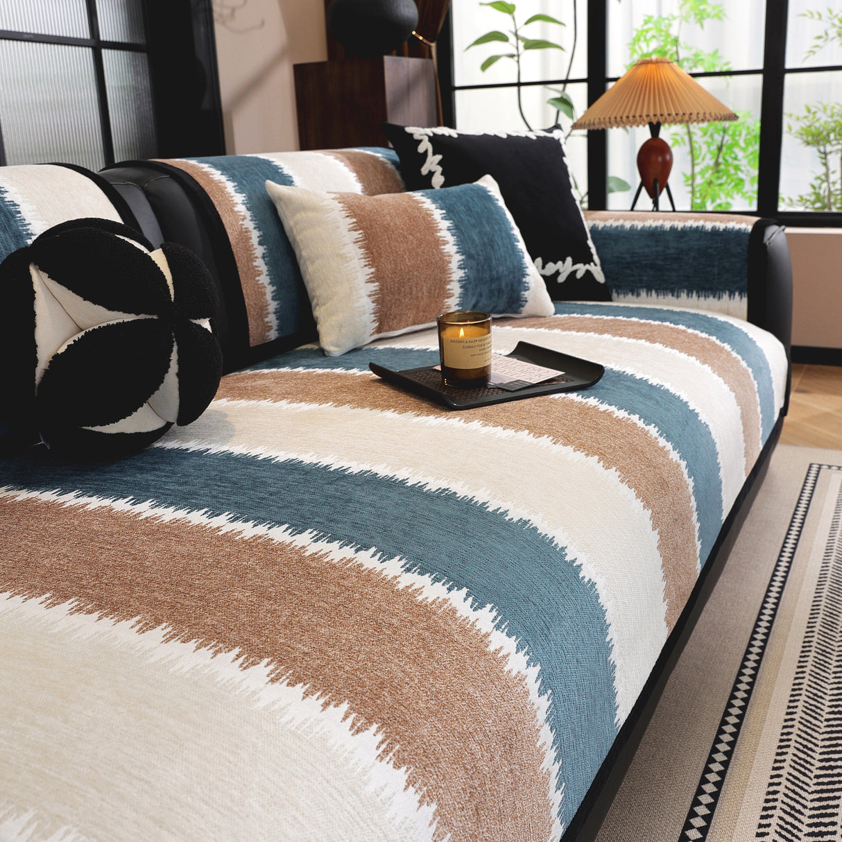 Striped Colorblock Non-Slip Sectional Couch Covers, Chenille Sofa Protector Cover