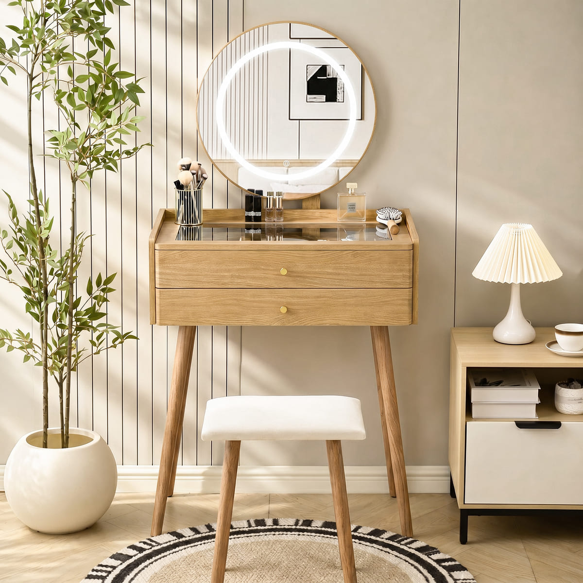 Small Makeup Vanity Desk with Round LED Mirror, Cushioned Stool& 2 Drawers