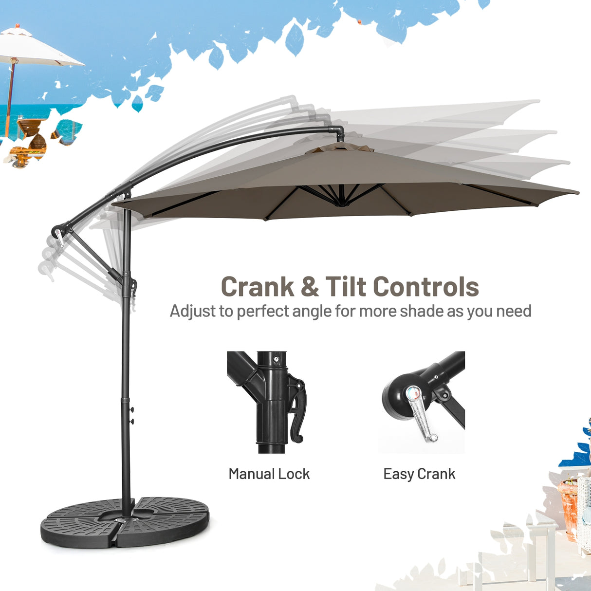 10 Feet Offset Umbrella with 8 Ribs Cantilever and Cross Base-Brown