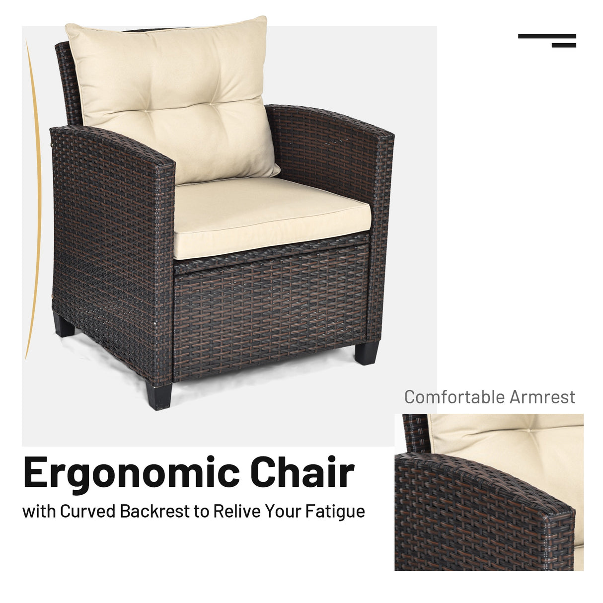 3 Pcs Patio Rattan Furniture Set Cushioned Conversation Set Coffee Table-Beige