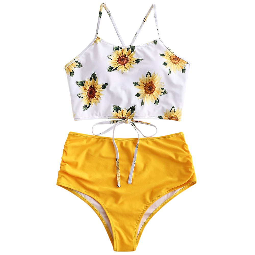 High Waist Bikini Sunflower Swimsuit Women Bikini Floral Swimsuit Floral Crop Tie Knot Front High Waist Bikini Set Two Piece Swimsuit For Women Summer High Waisted Bathing Suit
