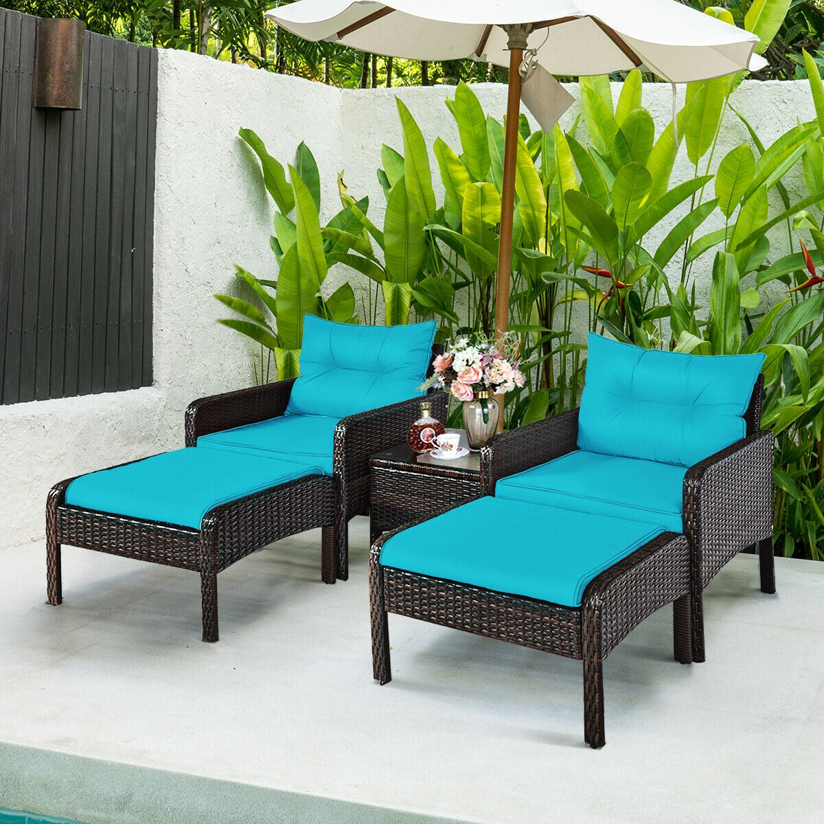 5 Pieces Patio Rattan Sofa Ottoman Furniture Set with Cushions-Red