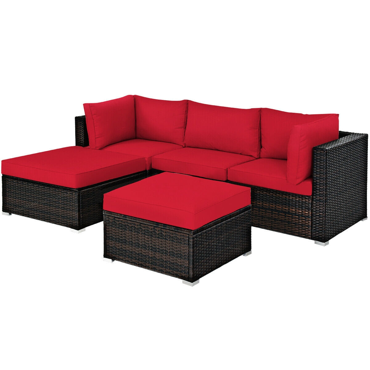 5 Pieces Patio Rattan Sectional Conversation Ottoman Furniture Set-Blue
