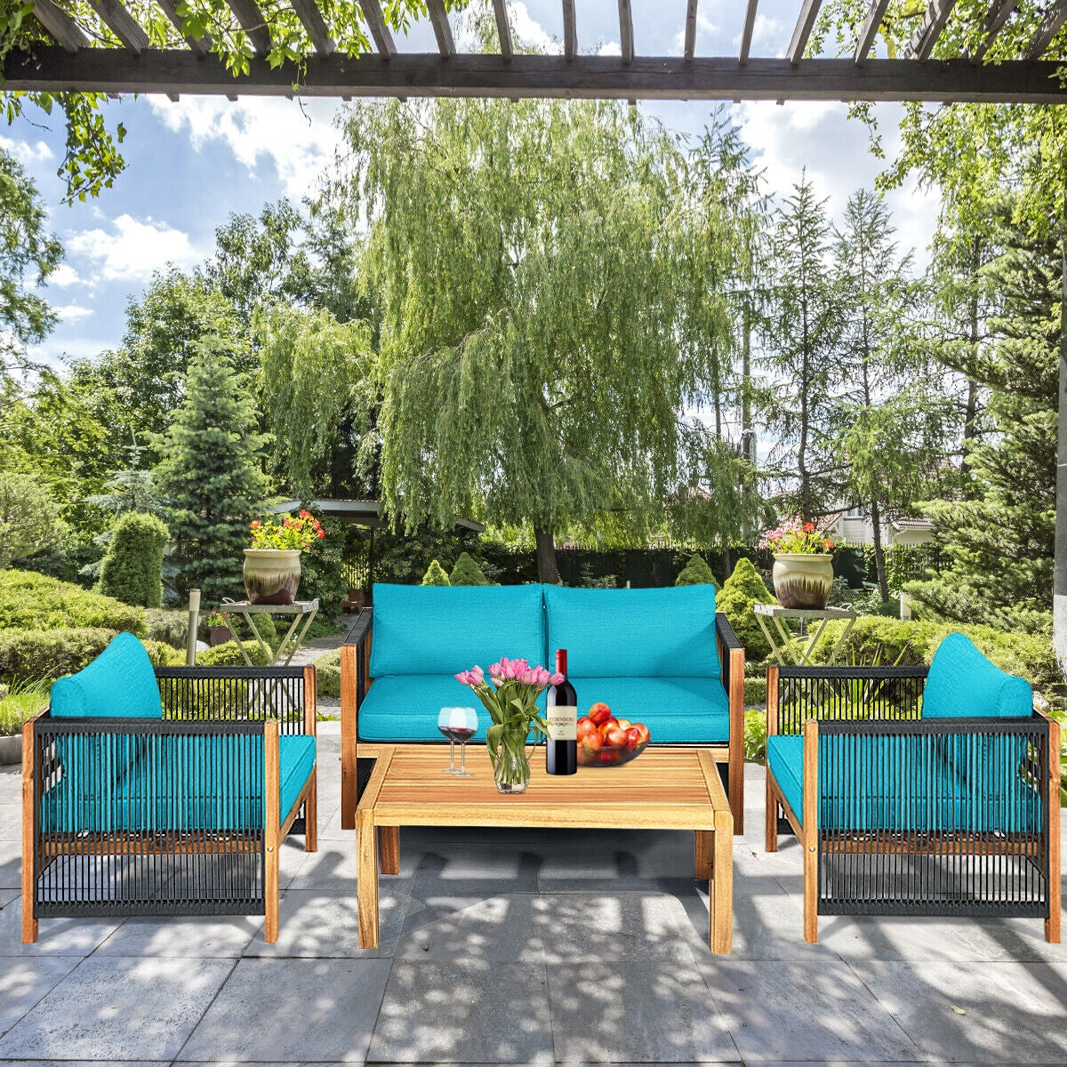 4 Pieces Acacia Wood Outdoor Patio Furniture Set with Cushions-Gray