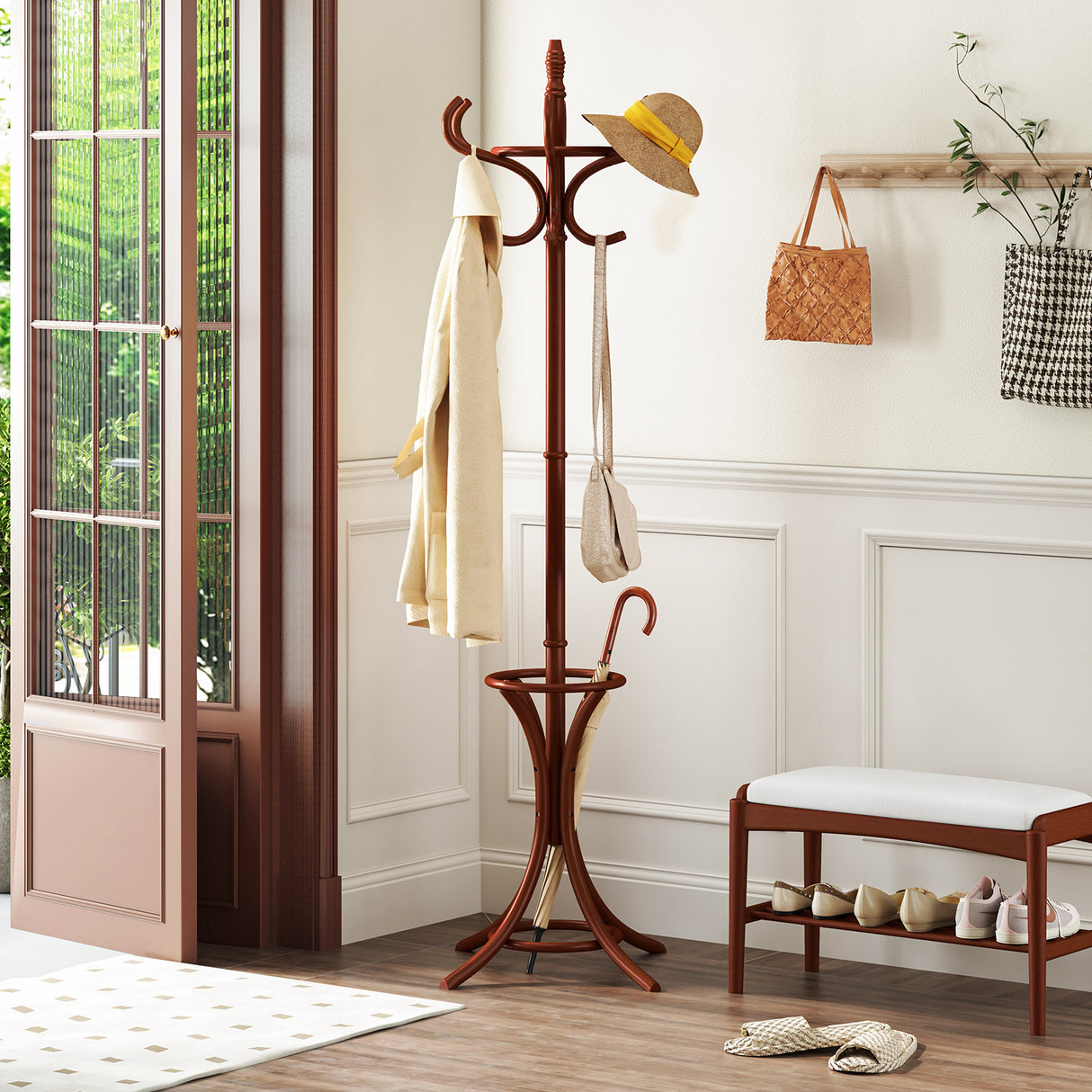 Wood Standing Hat Coat Rack with Umbrella Stand-Black