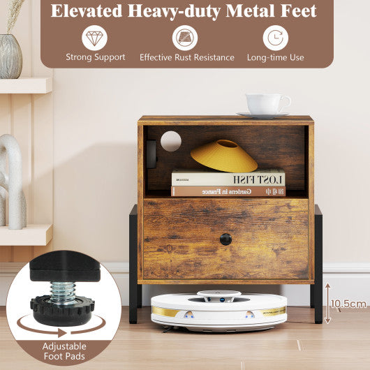 Nightstand with Charging Station and Drawer Sofa Side Table-Rustic Brown