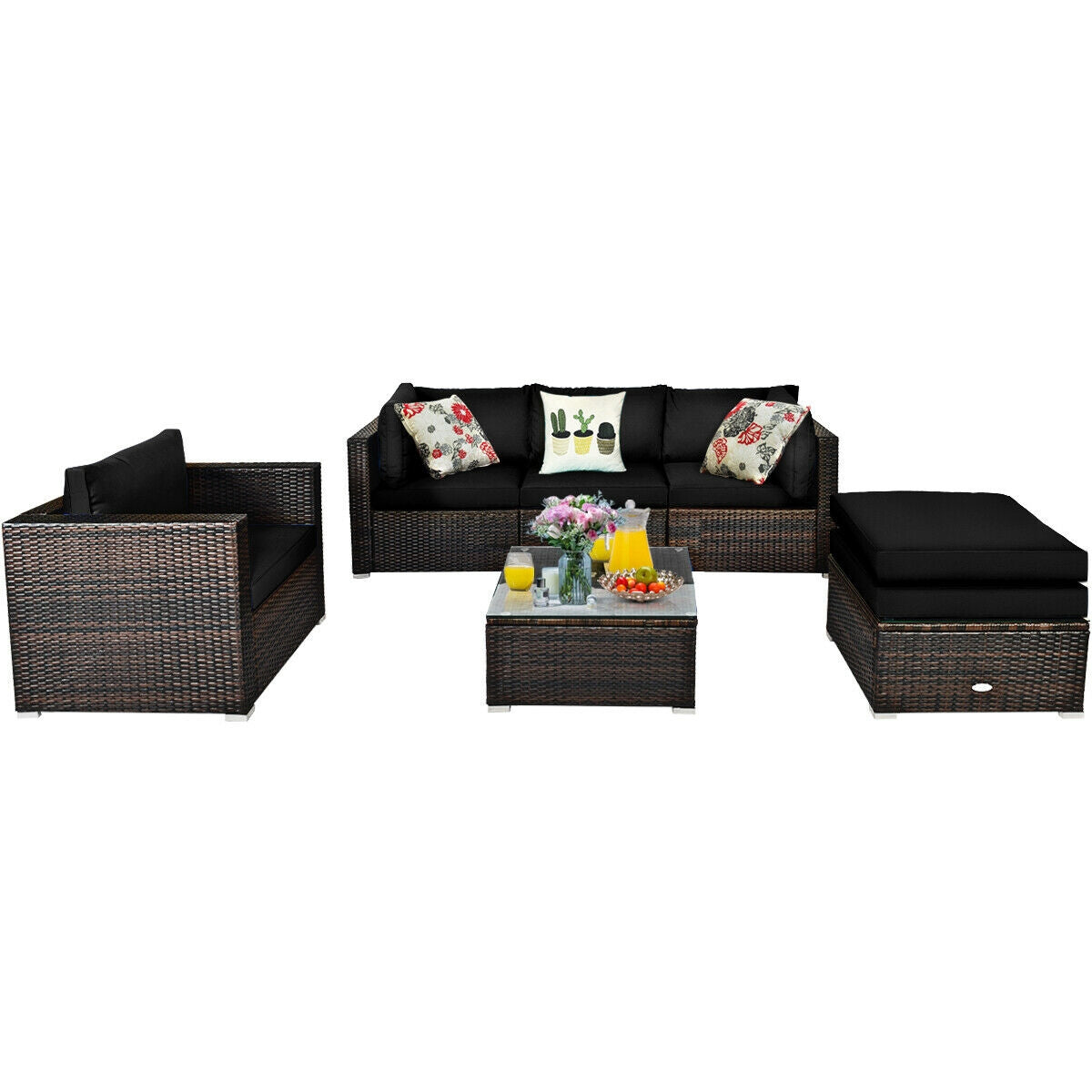6 Pcs Patio Rattan Furniture Set with Sectional Cushion-Blue