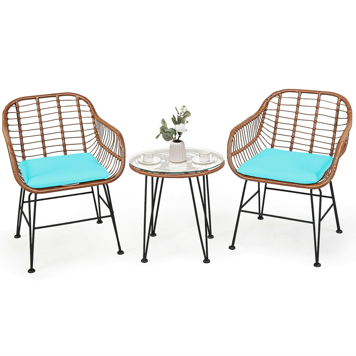 3 Pieces Patio Rattan Bistro Set with Cushion-Turquoise